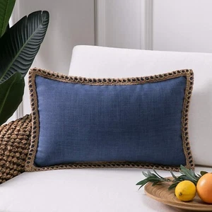 Set of 2 Dark Blue Boho Farmhouse 30cm x 50cm Throw Cushion Covers Burlap Trim - Picture 1 of 3