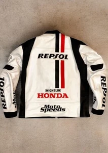 HONDA Repsol Beautiful White Racing Motorcycle Real Leather Jacket - Picture 1 of 3