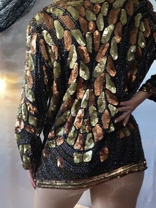 VTG VOGUE BRONZE GOLD SILK SEQUIN EVENING JACKET COAT L CRAFT APPLIQUES - Picture 1 of 13