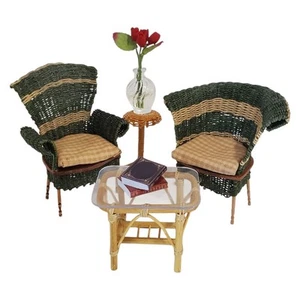 Dolls House Miniature Artisan Rattan Wicker Pair Chairs, Table, Stand 1:12 - Picture 1 of 15