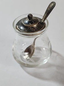 Vintage Webster Jam Jar Mustard Pot Etched Glass Sterling Silver Lid And Spoon - Picture 1 of 14