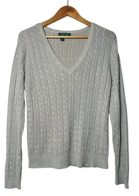 Lauren Ralph Lauren Silk Blend Silver Sweater Sz XL Cable Knit Academia Holiday - Image 1 of 4