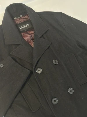 Vintage Y2K Guess Double Breasted Coat Peacoat Jacket Mens Large Black Wool - Image 1 of 4