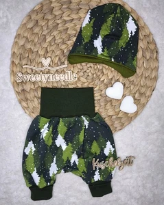 Handmade Sweat Newborn Pumphose "Tannenwald" Gr. 50 Mit Öhrchenmütze Unisex - Bild 1 von 3