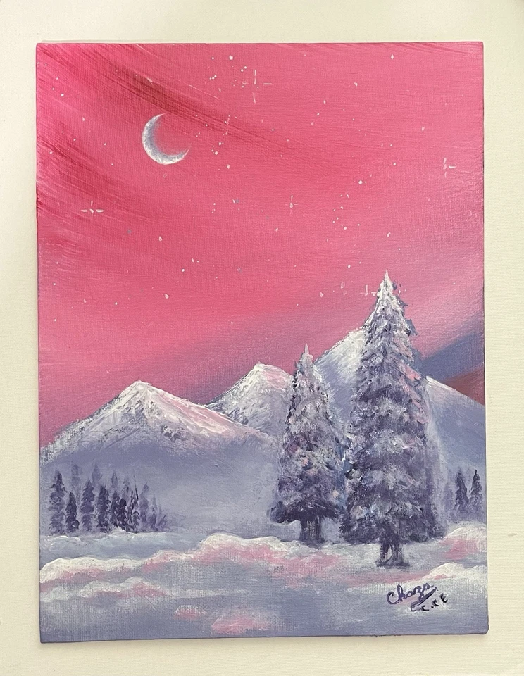 Arte de paisaje acrílico original para nieve sobre panel de lienzo, 9 por 12 pulgadas Foto 1 de 2