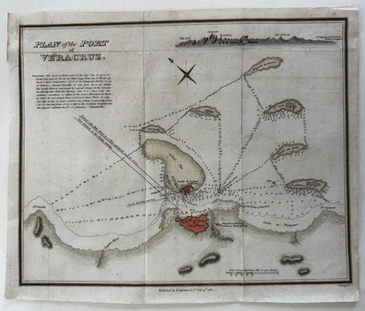 Vera Cruz Мексика 1810 План порта с перспективным видом морская карта глубин Longman - Изображение 1 из 4