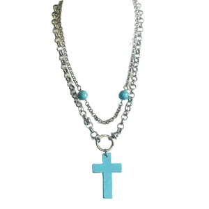 Statement Necklace Southwestern Cross Blue Stone Beads Multi Strand Silver Tone - Picture 1 of 21