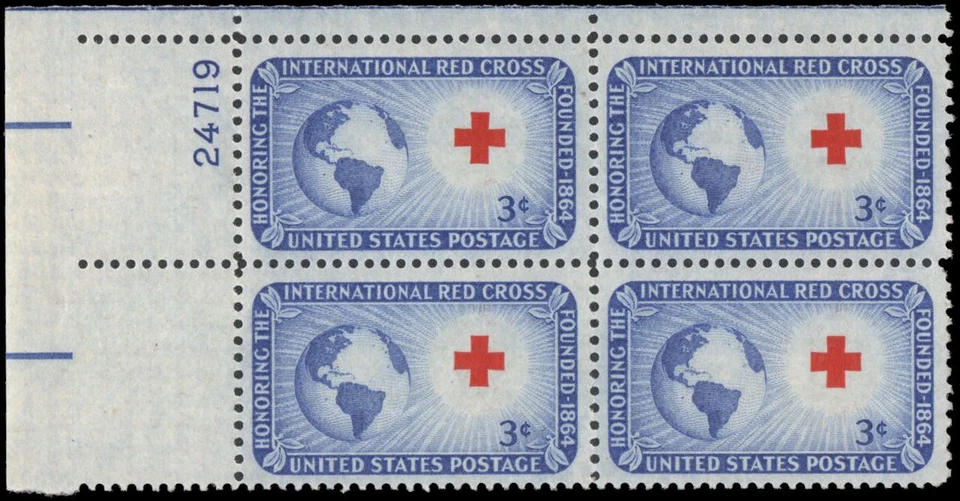 US #1016 MNH plate block of 4, 3c Red Cross - Image 1 of 1