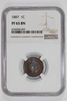 CENTAVO CABEZA INDIA A PRUEBA 1887 NGC PR65 BN - ¡ACERO AZUL TONIFICACIÓN! Foto 1 de 2