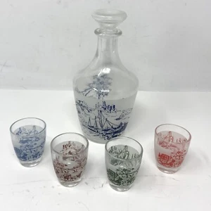 Vintage Glass Decanter & Shot Glass 5 Piece Set Made In France Stagecoach Ships - Picture 1 of 7