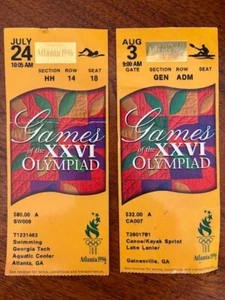 Two Vintage 1996 Atlanta Olympic Game Tickets: Swimming (rare) + Kayak + Flag! - Picture 1 of 7