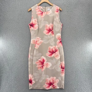 Calvin Klein Dress Womens 10 Beige Pink Floral Sheath Scuba Knee Length Stretch - Picture 1 of 11