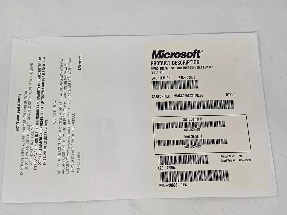Microsoft SQL Server Standard 2014 EMB 5 CLT Key Only P6L-00008 X05-05237 - Image 1 of 2