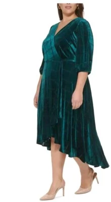 Calvin Klein Velvet Dress Plus 20W Dark Green Midi Faux Wrap Hi-Low NWT - Image 1 of 4