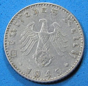 Third Reich Germany 50 Reichspfennig Coin 1943 J, Nazi Swastika, Combined S/H - Picture 1 of 2