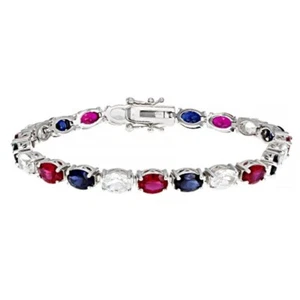 18.51 Ctw Oval Lab Created Sapphire & Ruby 14K White Gold Fn Tennis Bracelet 7" - Picture 1 of 6
