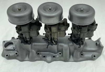 Colector de admisión Ford Flathead Tri Power modelo 59 carburadores carbohidratos purificadores de aire Foto 1 de 4