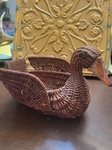 Vintage  Wicker Duck Planter, Woven Duck Basket, Rattan Duck Basket, Boho Decor Cover