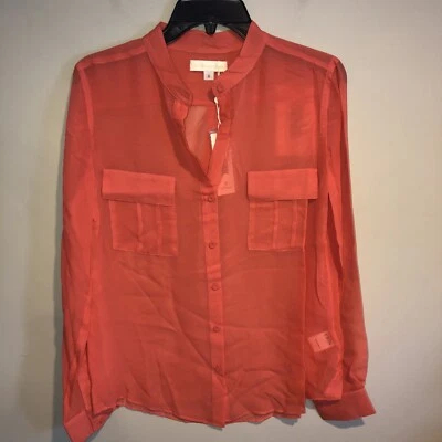 Blusa Erin Fetherston Rosa Coral Semi Transparente Manga Larga 100% Seda Botón Talla Pequeña Foto 1 de 4