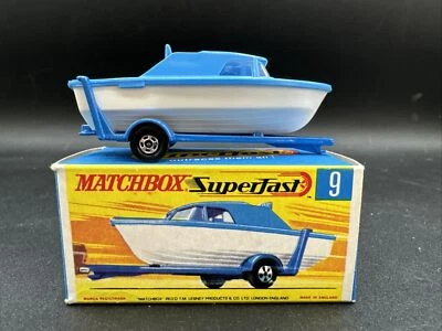 1960 Matchbox SUPERFAST Series BLUE CABIN CRUISER & TRAILER BOAT Original Box - Image 1 of 4