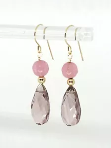 14k Yellow Gold Pink Morganite Quartz Briolette Rose Jade Drop Dangle Earrings - Picture 1 of 5
