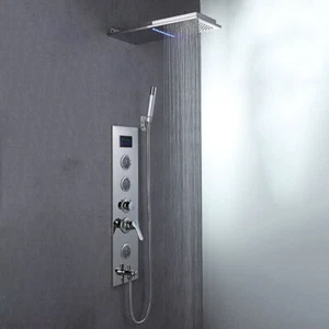Schwarz/Chrom LED Rechteckig Duschkopf Massage Digital Display Mixer Ventil Panel - Bild 1 von 20
