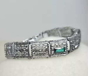 Bracciale Vintage Art Decò Finto Smeraldo e Diamanti 6" - Foto 1 di 15