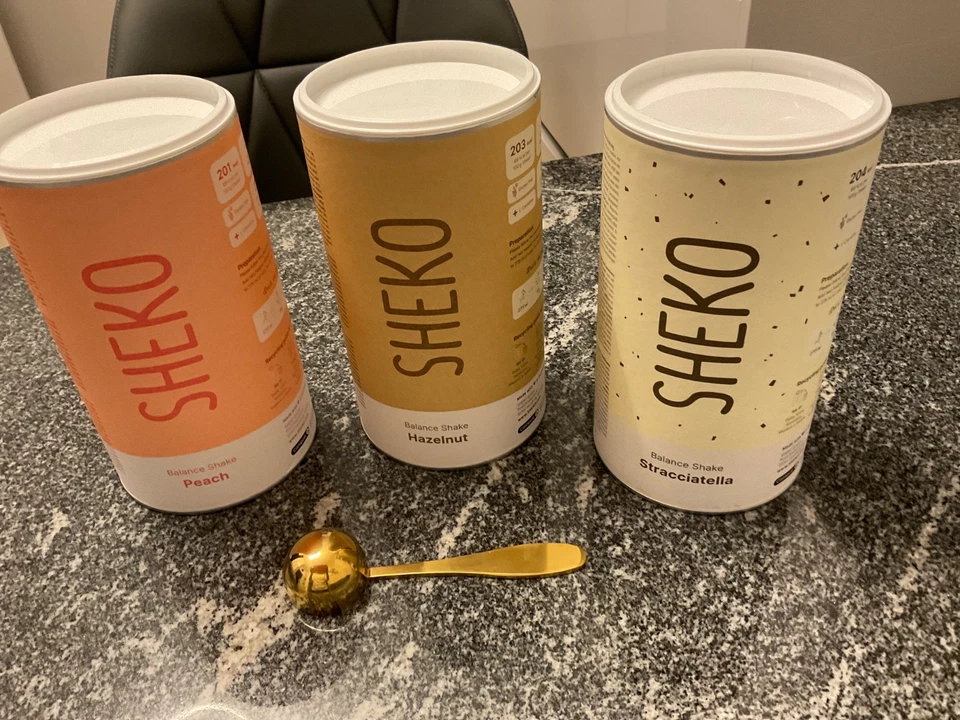 SHEKO Balance 3-er Set: Haselnuss, Pfirsich, Straciatella + goldf.  Meßlöffel! - Bild 1 von 1