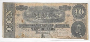 T-68 1864 $10 Confederate Currency Real Civil War Paper Money CSA Note SN 32124 - Picture 1 of 2