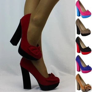 STUNNING WOMEN'S CREATIVE FAUX SUEDE BLOCK HEEL COURT SHOES WITH BOW  (990) - Picture 1 of 14