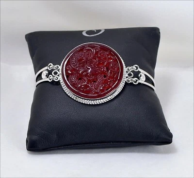 BRACCIALE IN ARGENTO 925 SEMI RIGIDO CON AGATA ROSSA INCISA DRAGO AGRP 097 - Immagine 1 di 4