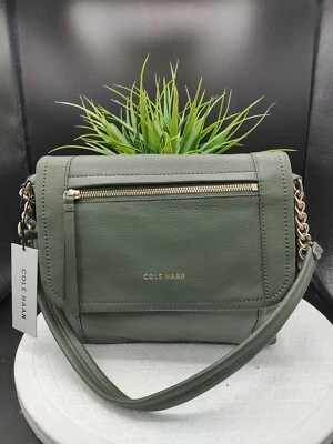 Cole Haan "Fatigue" Shoulder Bag Zipper Flap 9k Gold Hardware Pebble Leather New - Image 1 of 4