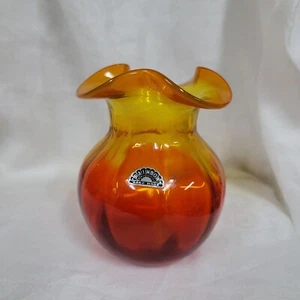 Vase Regenbogen Glas Amberina rot gelb gerippt Rüschen leuchtet - Bild 1 von 6