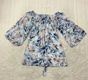 Asher Womens Size S Floral Print Tie Waist Multicolor Tunic Blouse 3/4 Sleeve - Picture 1 of 9