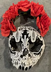 Day of the Dead Lace Mask & Red Rose Headband - Picture 1 of 10