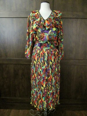 Antigo Vestido Maxi Diane Freis Midi Anos 80 Plissado Abstrato Georgette Babado M/L Exclnt - Imagem 1 de 4