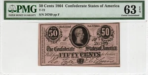 T-72 PF-1 1864 $0.50 Confederate Paper Money - PMG Choice Uncirculated 63 EPQ! - Picture 1 of 2