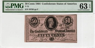 T-72 PF-1 1864 $0.50 Confederate Paper Money - PMG Choice Uncirculated 63 EPQ! - Image 1 of 2