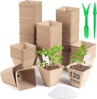 120 Pack 3.15 Inch Square Peat Pots for Seedlings Seed Starting Pots with Dr - Image 1 of 3