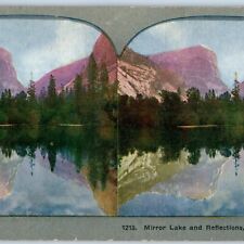 c1900s Yosemite Valley, CA Mirror Lake Tenaya Watkins Litho Photo Stereo Card V8