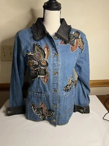 Bleu Bayou Blue Denim Jeansjacke Blumenstickerei Pailletten Knopfleiste Medium - Bild 1 von 12