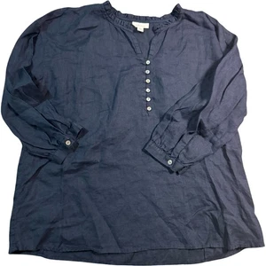 Top túnica para mujer j.jill Love de lino azul marino con botones delanteros manga larga mediano - Imagen 1 de 7