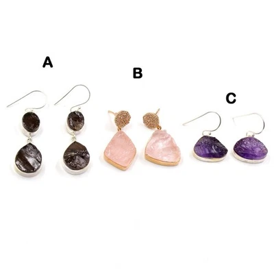 Orecchini pendenti zirconi grezzi quarzo rosa quarzo fumè ametista gioielli... - Immagine 1 di 4