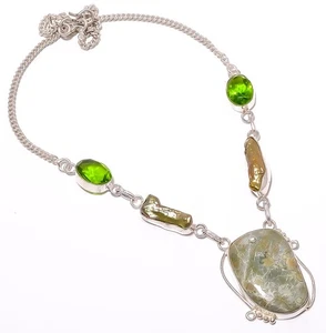 Variscite - Green Turquoise, Biwa Pearl Silver Plated Necklace 17.99" T7 - Picture 1 of 5