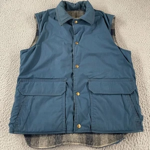 Vintage Woolrich Reversible Vest Mens Med Buffalo-Plaid Blue Check Snap-Button - Picture 1 of 12