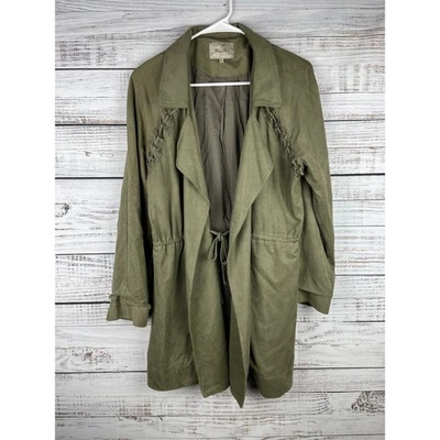 Miss Me Army Green Faux Suede Long Jacket Tie Front Boho Small Olive Utility - Image 1 of 4