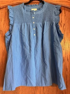 LOFT Women's Top NWT Size XL Blue Linen Blend Smocked shirt - Picture 1 of 6