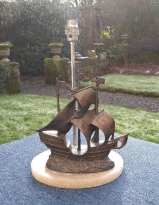 Heavy Vintage Mid Century Bronze Onyx & Chrome Galleon Ship Lamp Base A/F - Image 1 of 4