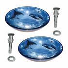Blue Dolphin Glass Countertop Vessel Sink 16.5" with Chrome Drain Pack of 2