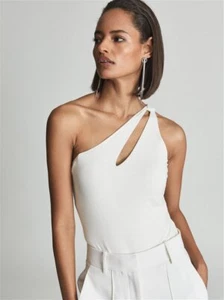 REISS Adrienne One Shoulder Asymmetric Jersey Bodysuit Cream Size M (10-12) BNWT - Picture 1 of 6